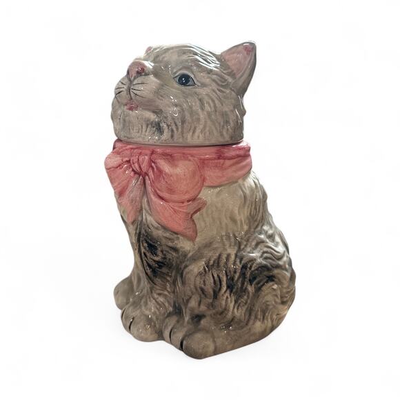 World Bazaars Inc Grey Kitten Cat with Pink Bow Cookie Jar 8" - Picture 7 of 8